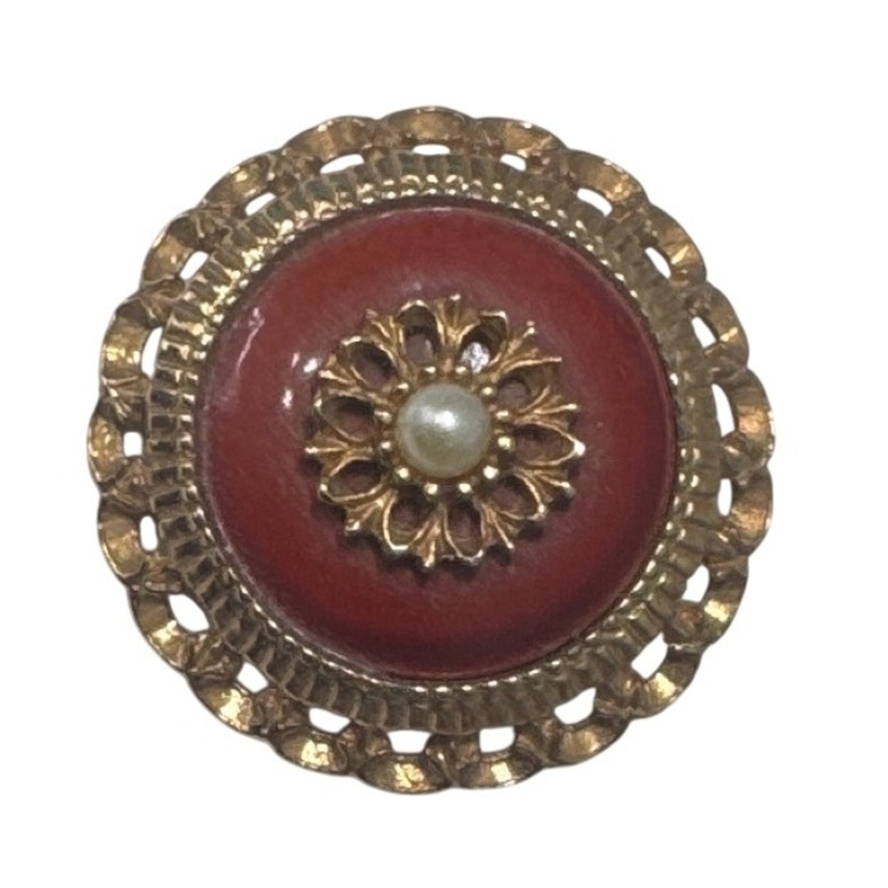 Sarah Coventry Brooch Red Gold Faux Pearl Vintage Enamel Scalloped Edge